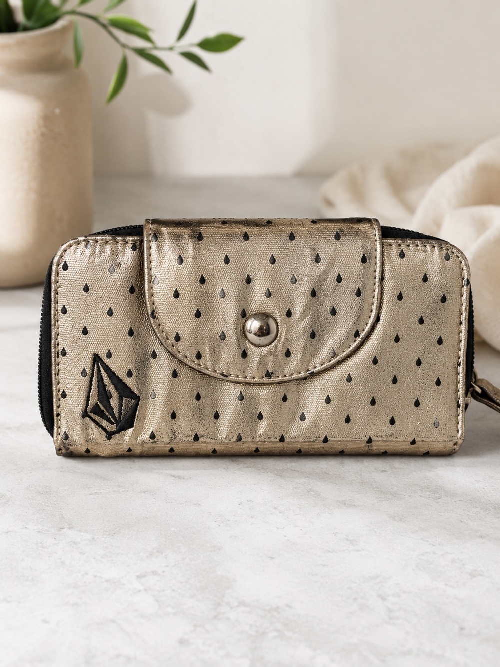 Volcom Metallic Gold Zip Around Wallet Black Polka Dot Y2K